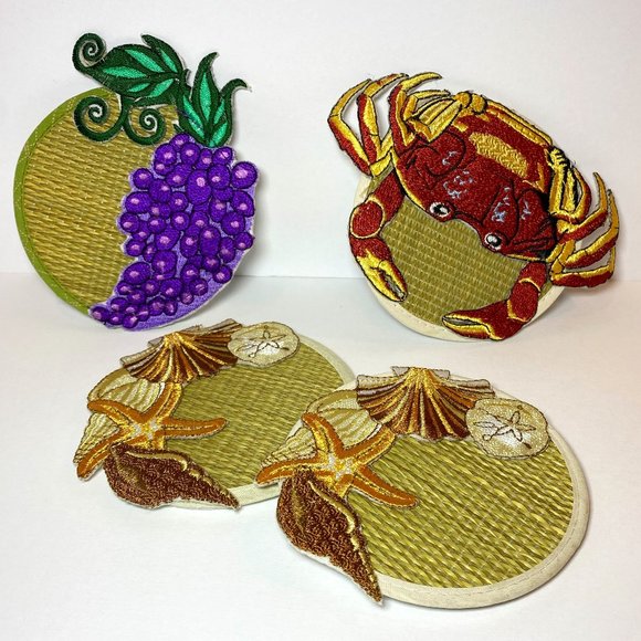4 Beach Theme Coasters Glass Markers Embroidery Shells Grapes Crab Patio Decor - Picture 1 of 6